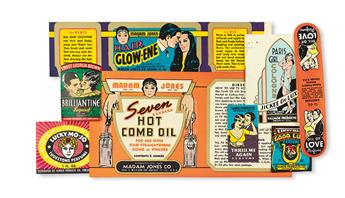 (BUSINESS--COSMETOLOGY.) Original artwork for Valmor Products’ “Gro-Strate,” together with over 100 labels from the Valmor Company and